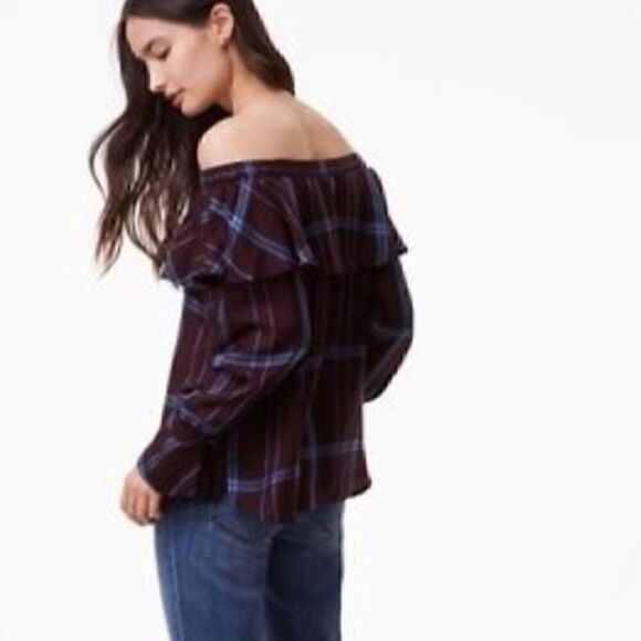 Loft purple plaid casual off the shoulder ruffled sleeves top blouse S - Picture 13 of 15